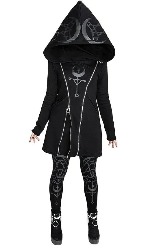 5XL Plus Size Halloween Medieval Women's Punk Style Print Long Sleeve Hooded Double Zipper Hoodies Long Black Hoodie