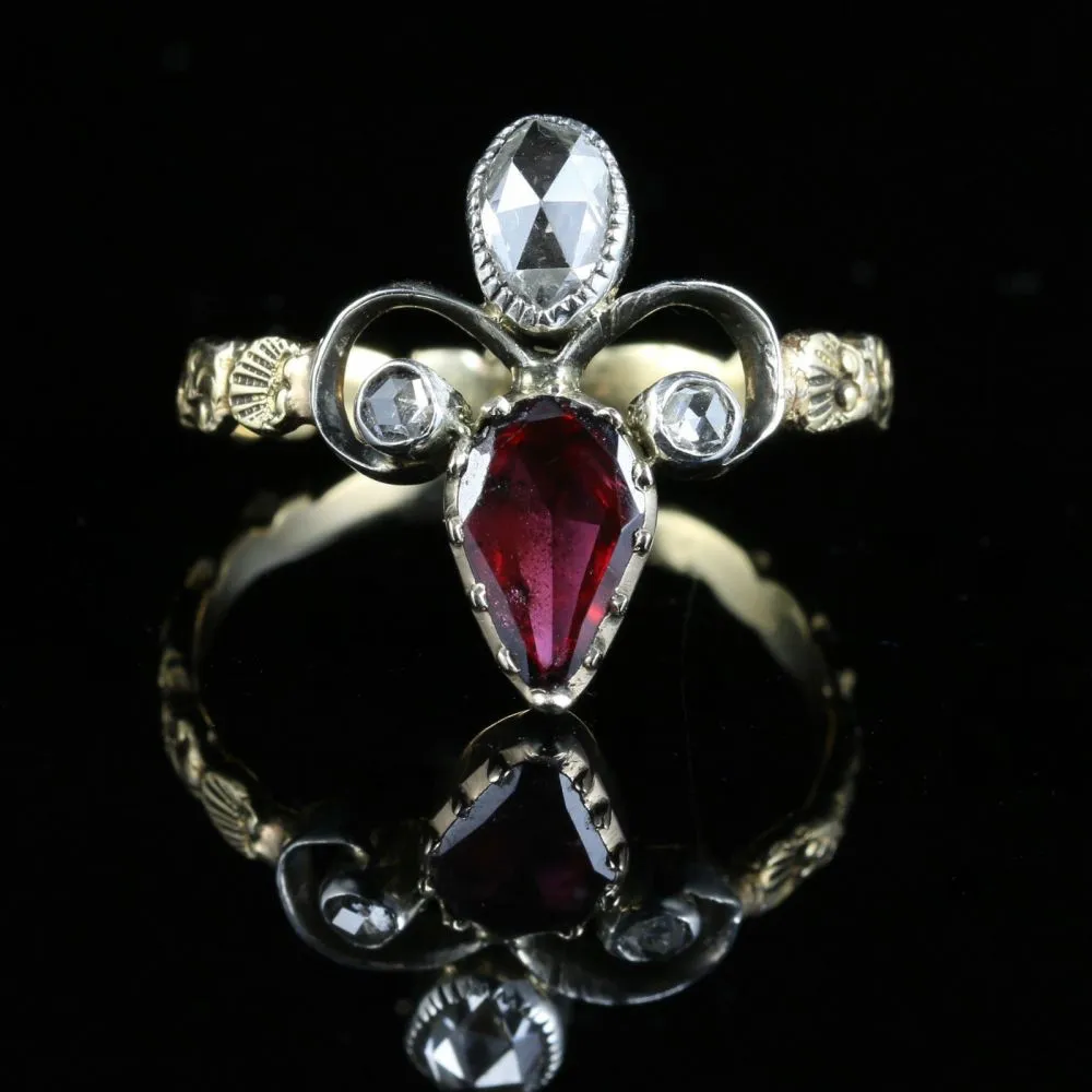 Antique Georgian Garnet Diamond Ring 18Ct Gold Fleur De Lis