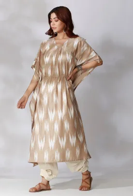 Beige Ikkat Side Tie Up Kaftan Kurta