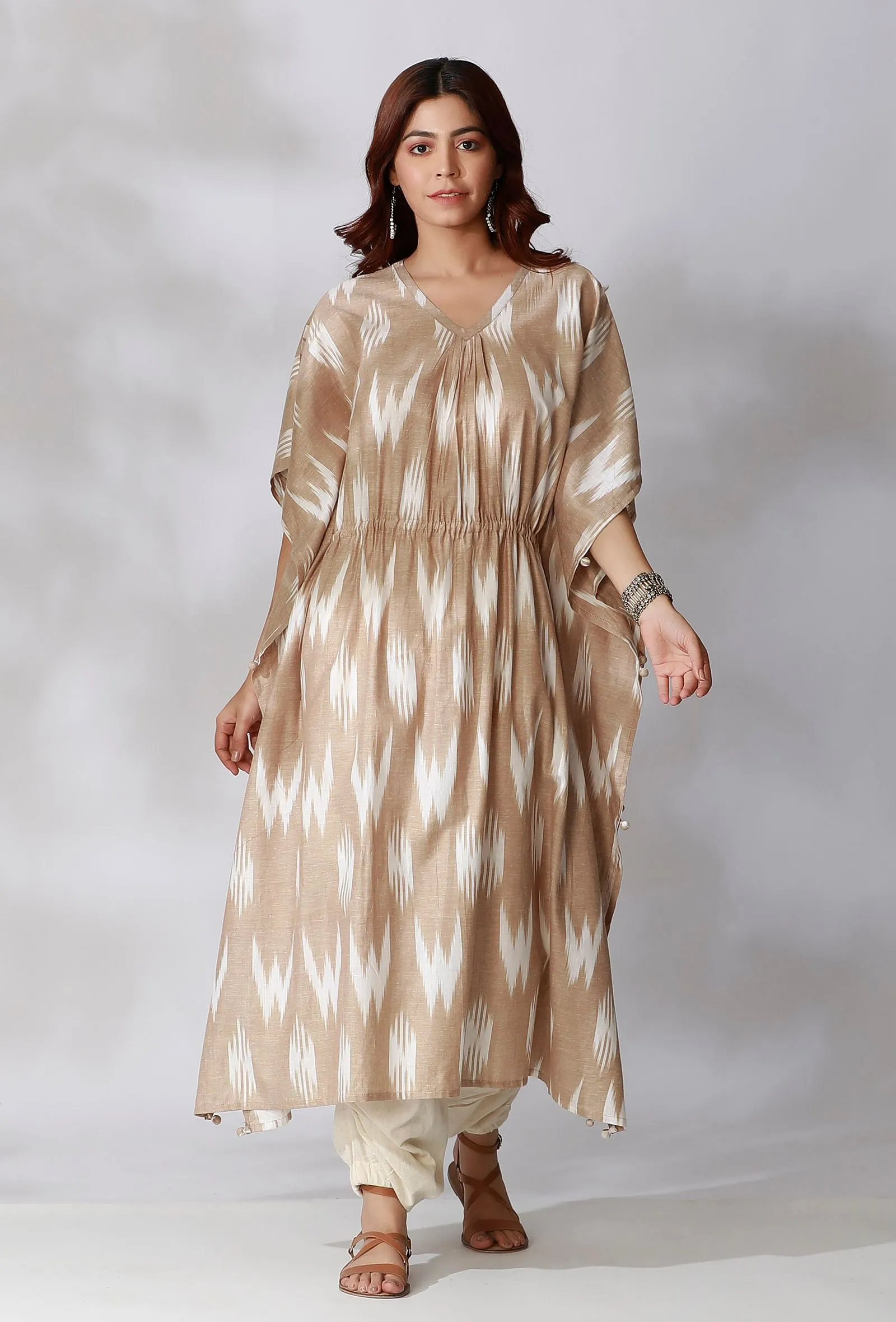 Beige Ikkat Side Tie Up Kaftan Kurta