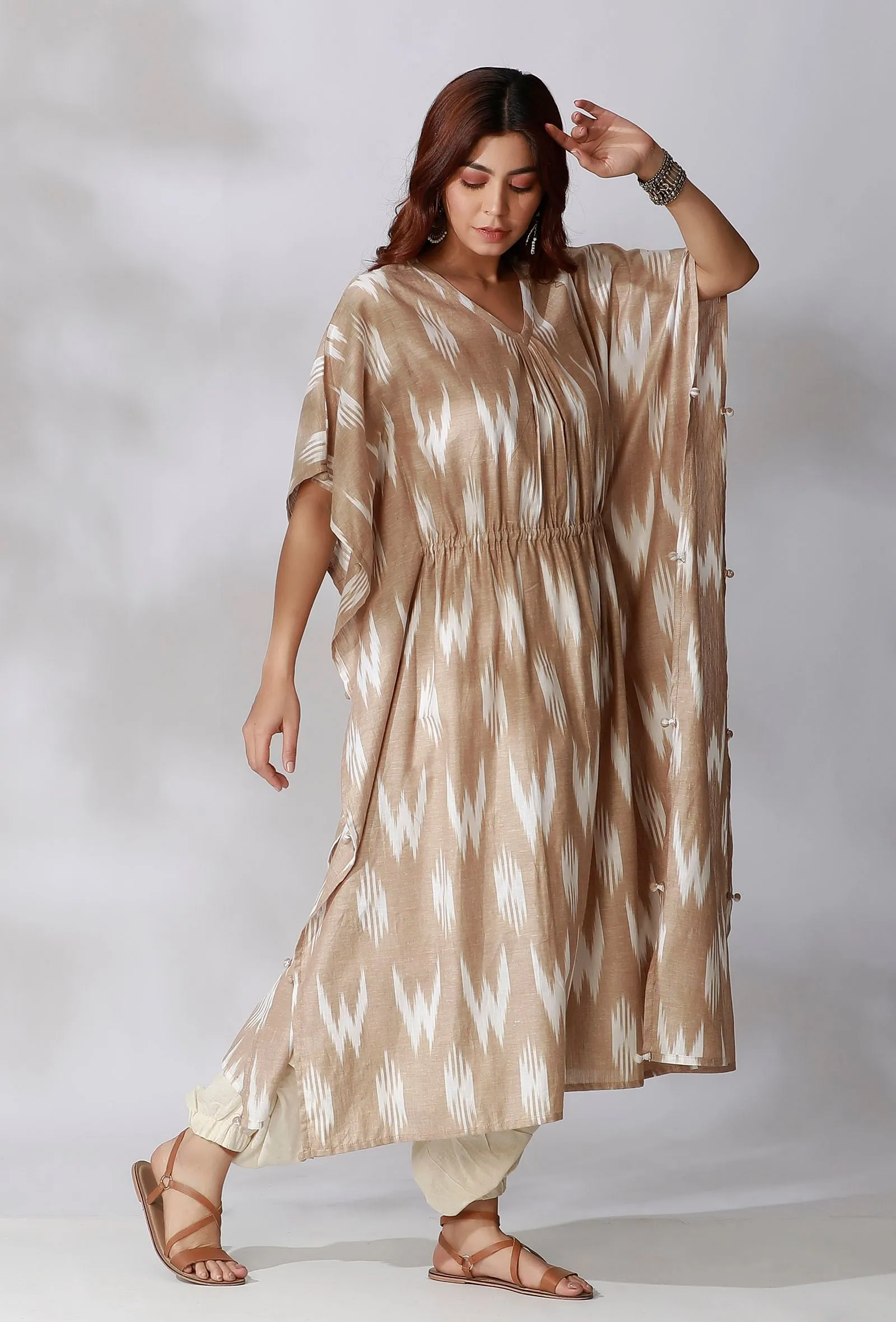 Beige Ikkat Side Tie Up Kaftan Kurta