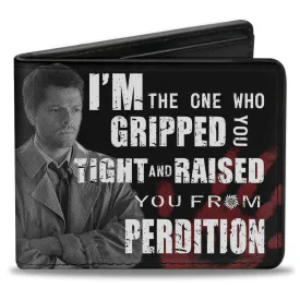 Bi-Fold Wallet - Castiel Pose I'M THE ONE WHO GRIPPED YOU TIGHT AND RAISED YOU FROM PERDITION   SUPERNATURAL Black Grays Red White