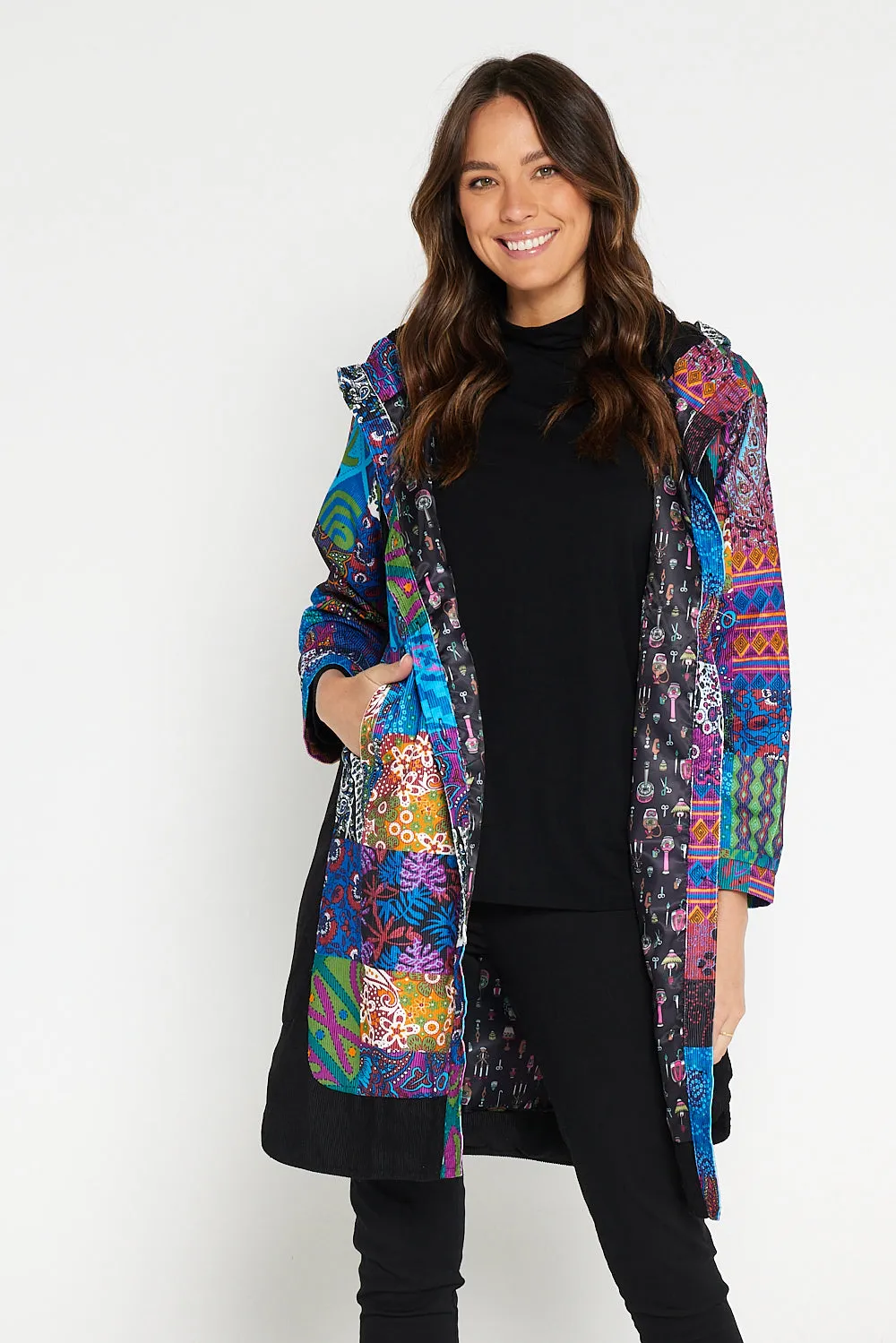 Bicheno Corduroy Coat - Blue Patchwork