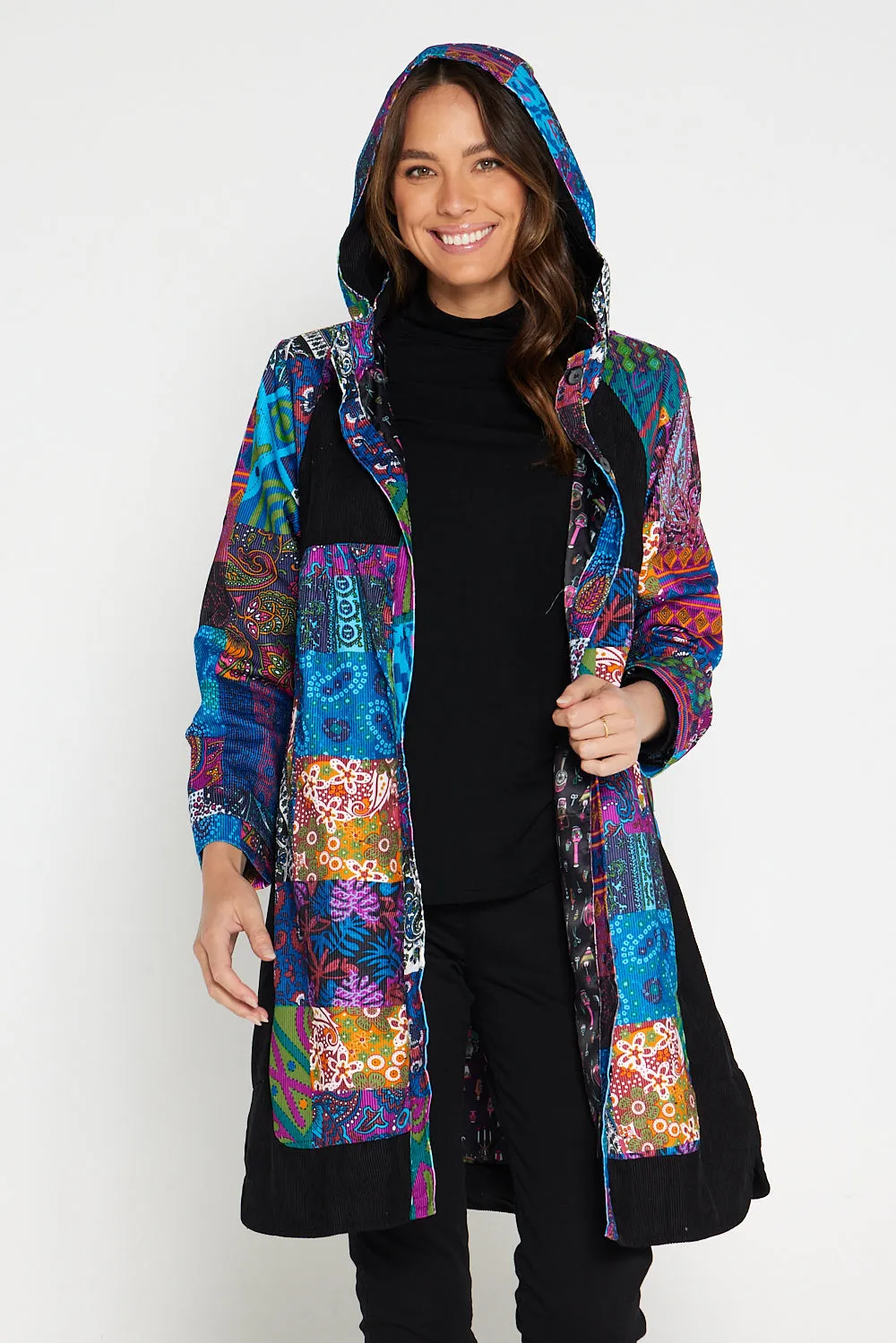 Bicheno Corduroy Coat - Blue Patchwork