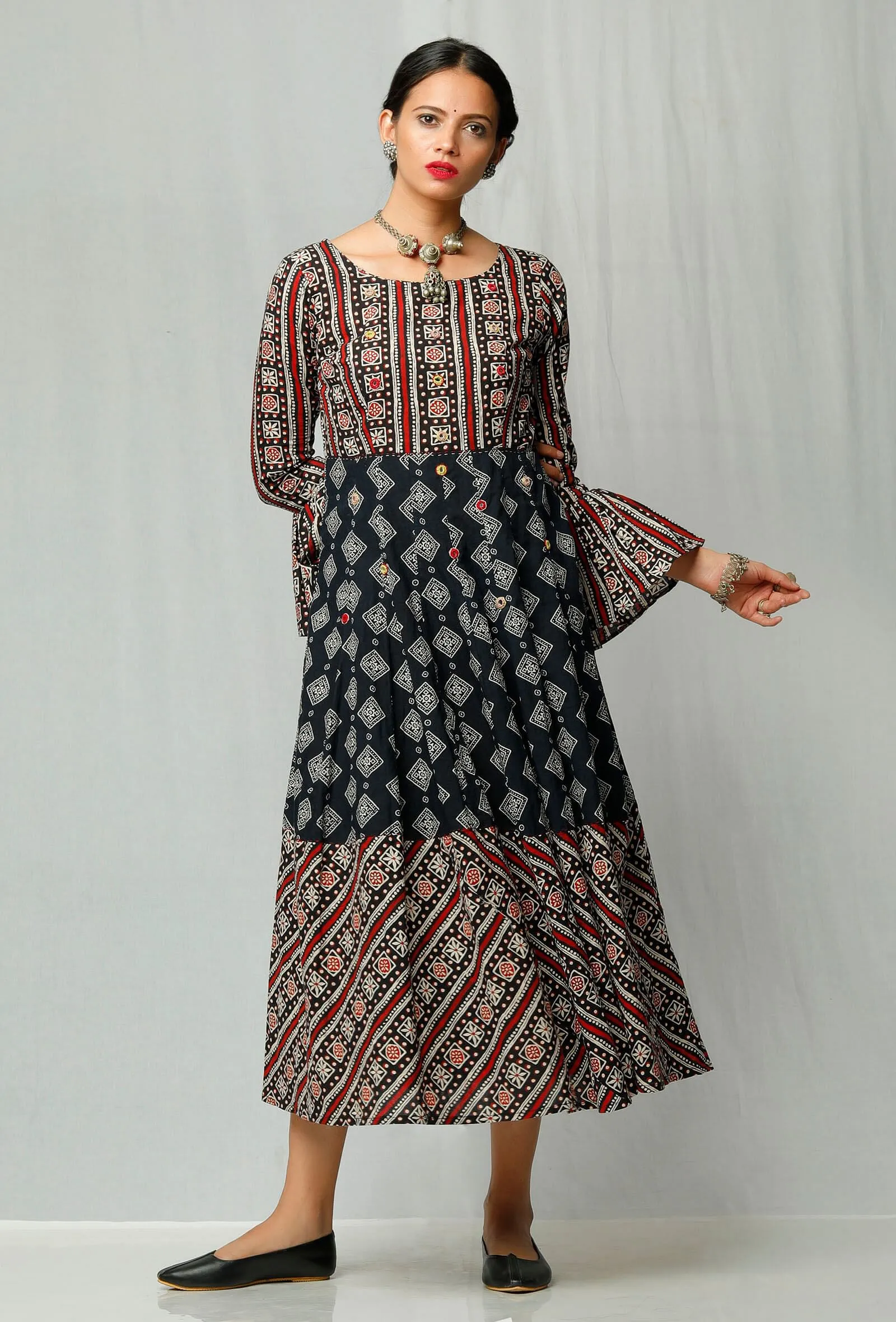 Black and Red Handblock Printed Cotton Dress