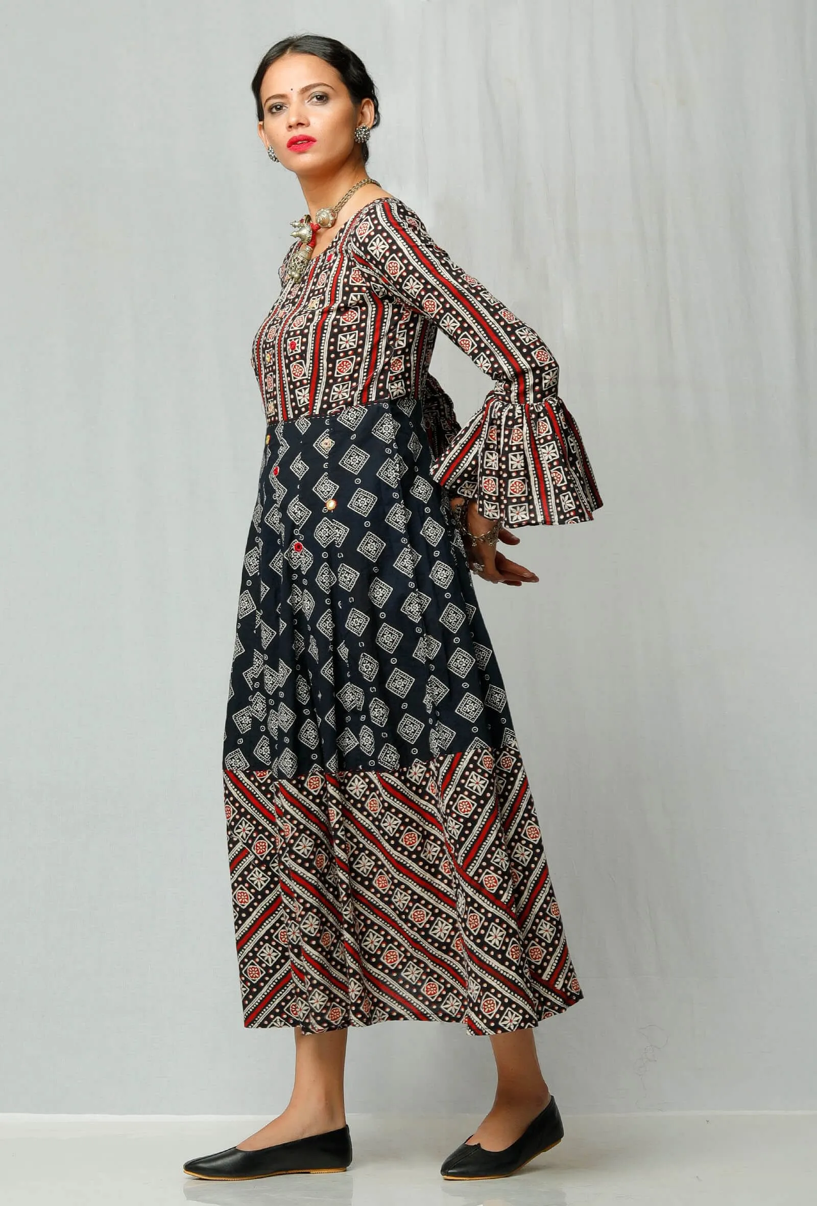 Black and Red Handblock Printed Cotton Dress