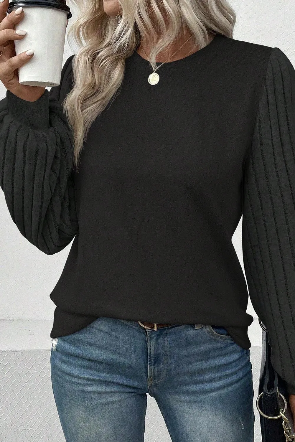 Black Knitted Long Sleeve Stretchy Crew Neck Top