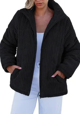 Black Women Casual Corduroy Winter Full Front Zip Stand Neck Long Fit Moderate Jackets