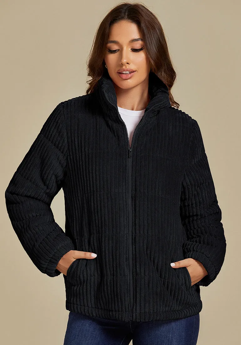 Black Women Casual Corduroy Winter Full Front Zip Stand Neck Long Fit Moderate Jackets