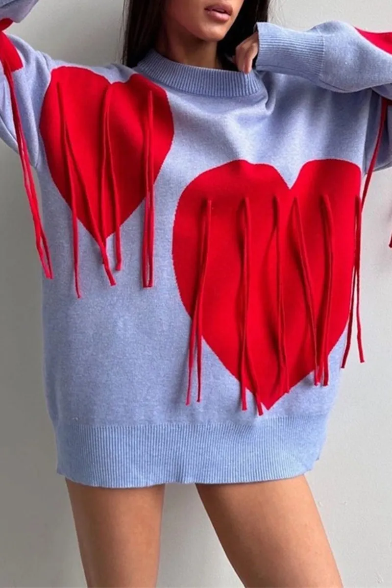 Casual Street Heart Shaped Fringed Trim Weave Contrast O Neck Sweaters(5 Colors)