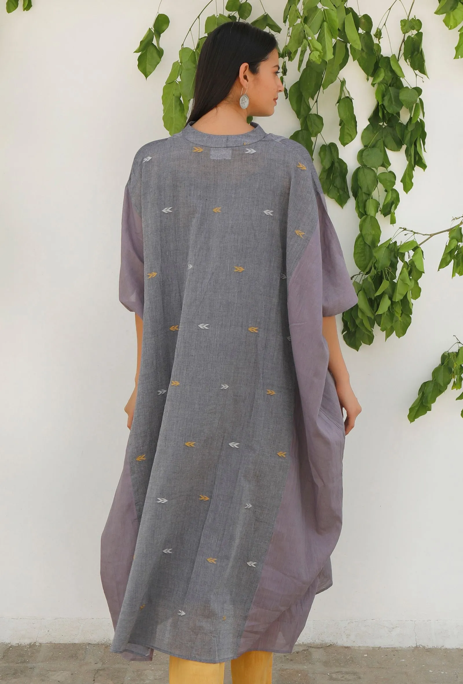 Charcoal Grey Jamdani Mulmul Cotton Kaftan Kurta Dress