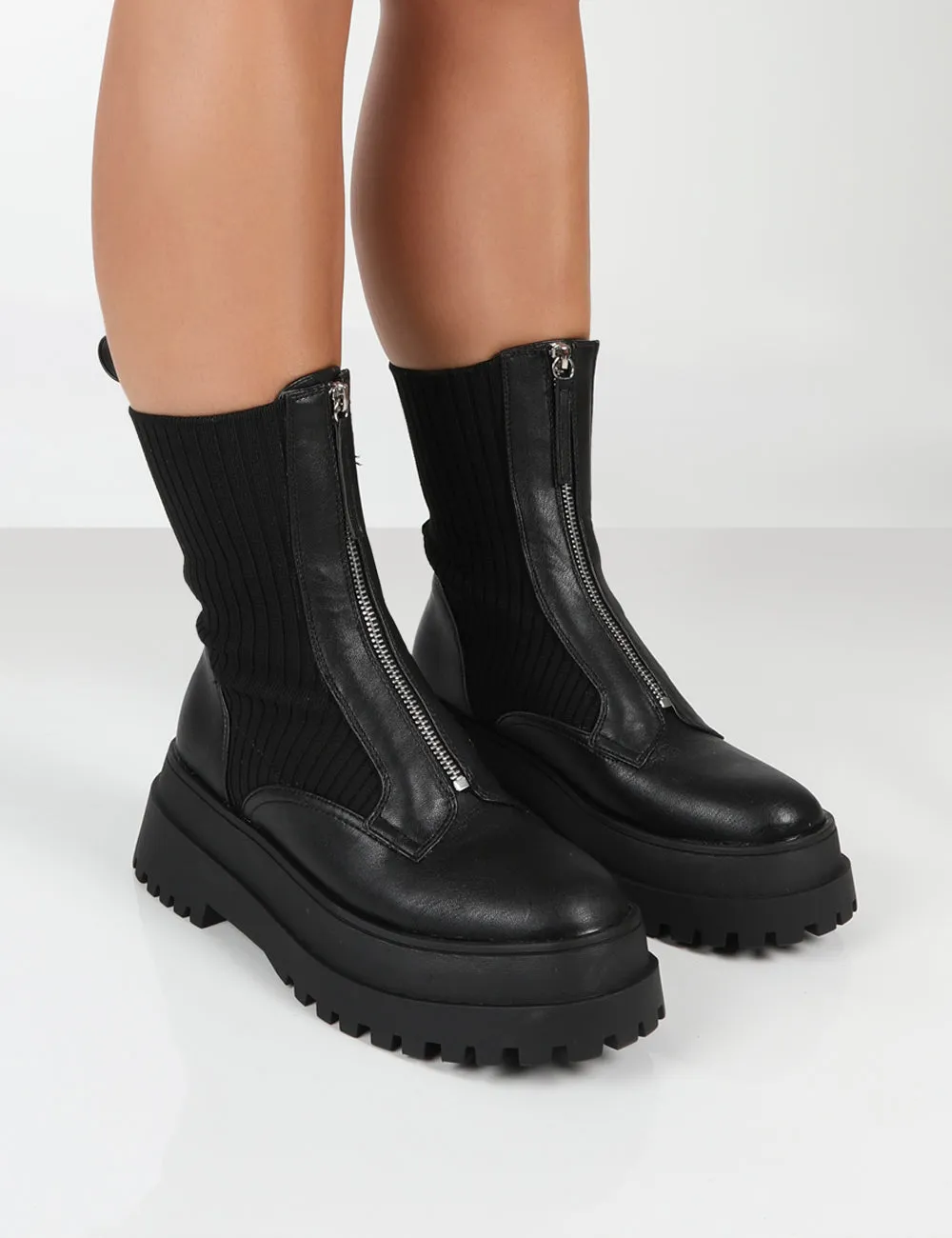 Code Black PU Chunky Zip Up Detail Ankle Boots