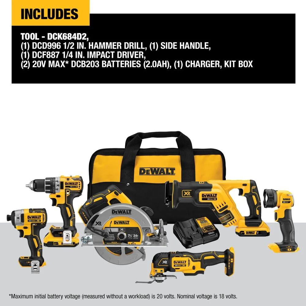 DeWalt DCK684D2 20-Volt MAX Cordless 6-Tool Combo Kit with (2) 20-Volt 2.0Ah Batteries & Charger