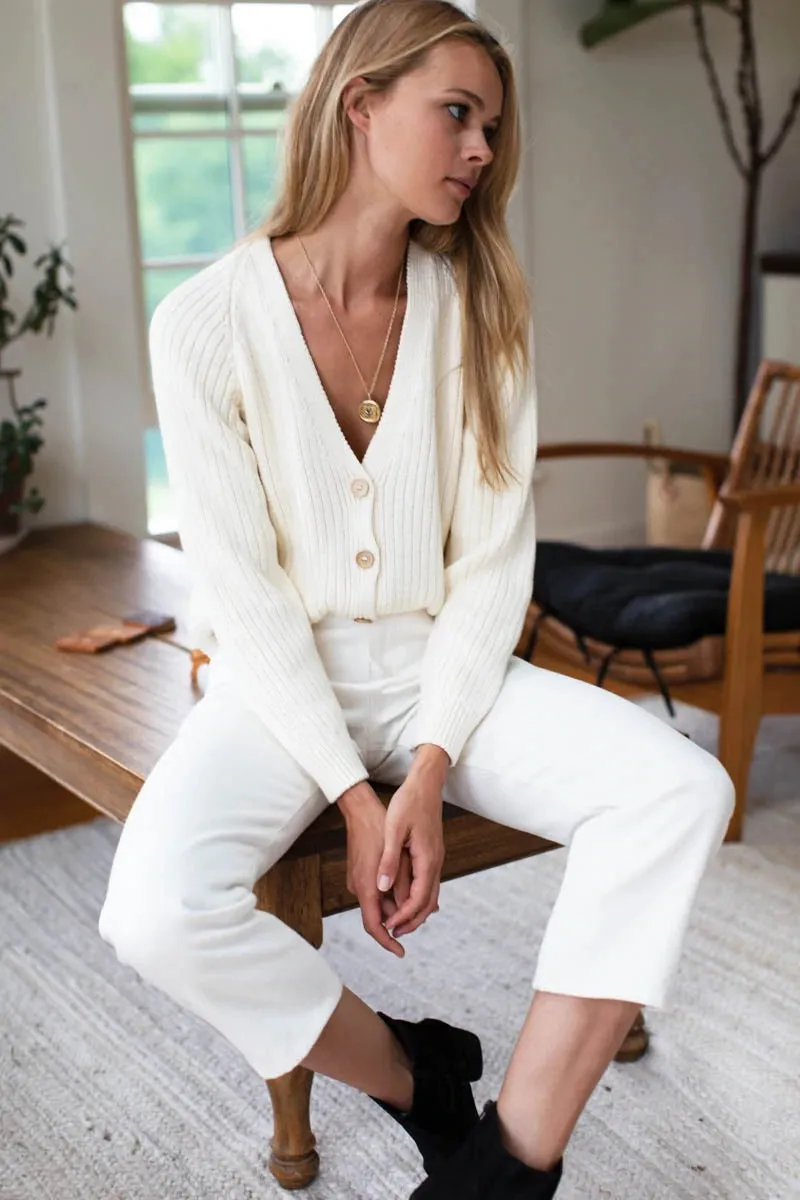 Emerson Fry Low V Neck Cardigan Ivory Organic