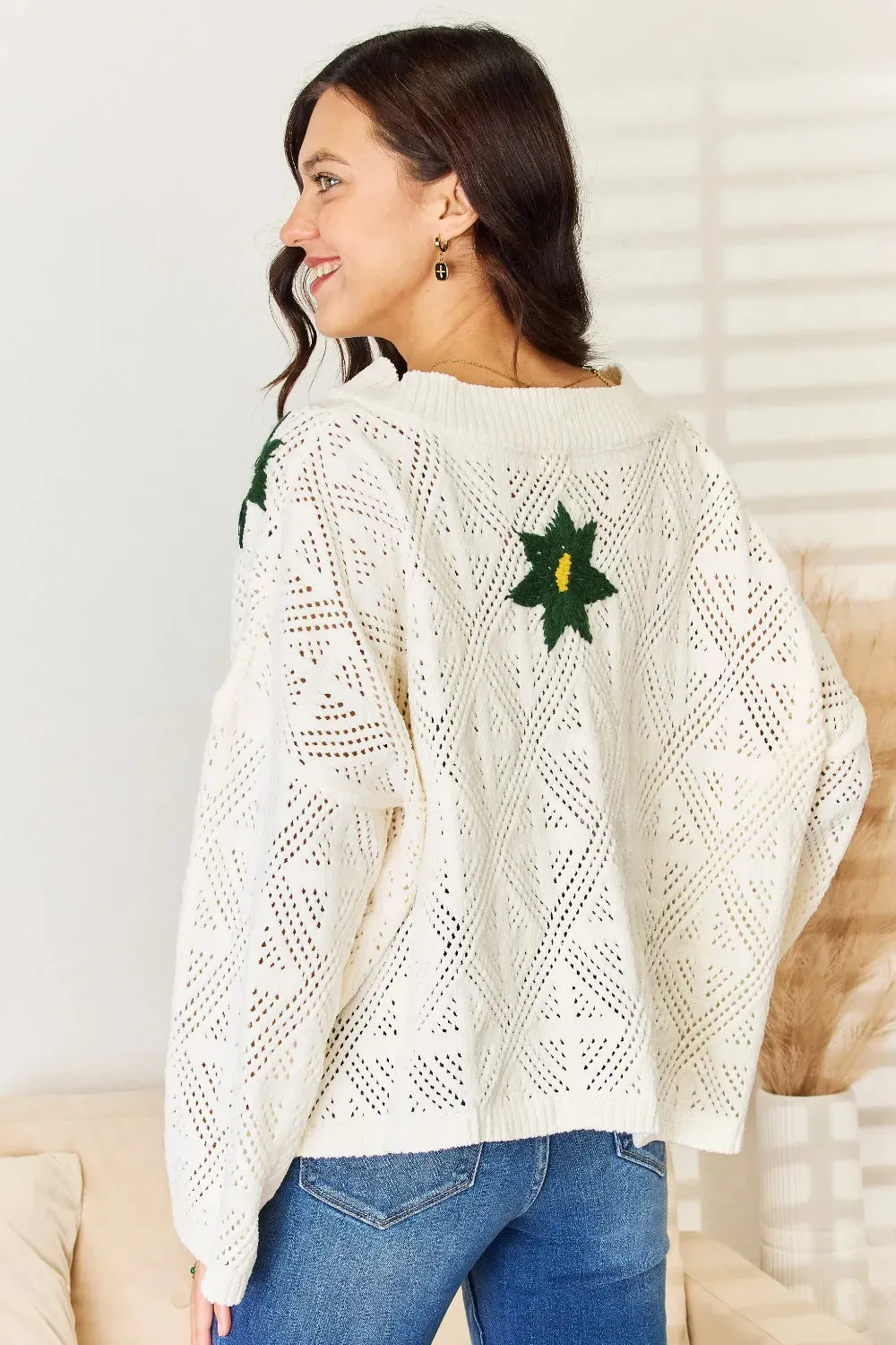 Floral Embroidered Pattern V-Neck Sweater