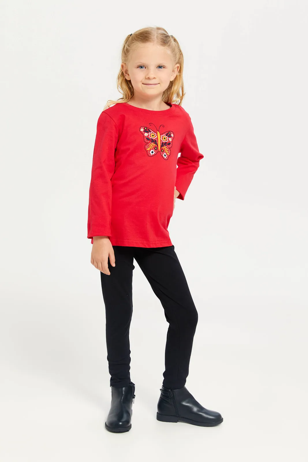 Girls Red Long Sleeve Printed T-Shirt