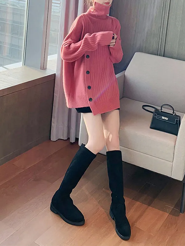 High-Low Long Sleeves Asymmetric Buttoned High-Neck Knitwear Pullovers Sweater Tops