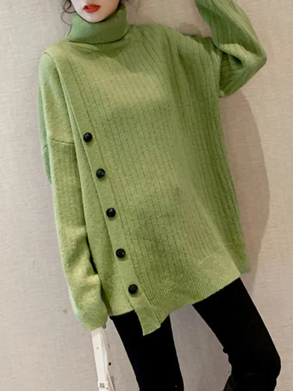 High-Low Long Sleeves Asymmetric Buttoned High-Neck Knitwear Pullovers Sweater Tops