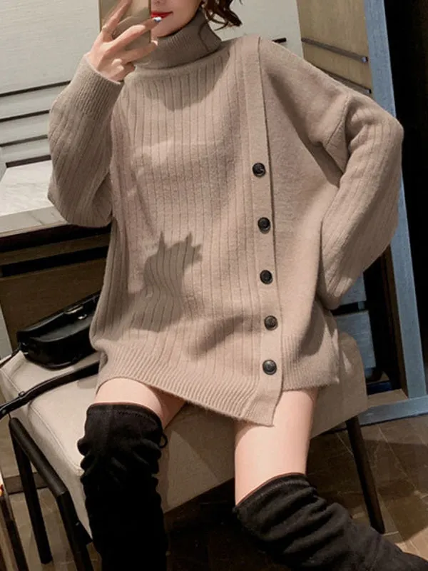 High-Low Long Sleeves Asymmetric Buttoned High-Neck Knitwear Pullovers Sweater Tops