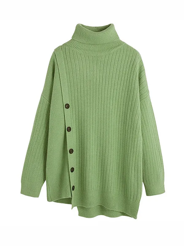 High-Low Long Sleeves Asymmetric Buttoned High-Neck Knitwear Pullovers Sweater Tops