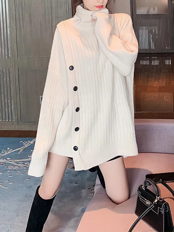 High-Low Long Sleeves Asymmetric Buttoned High-Neck Knitwear Pullovers Sweater Tops