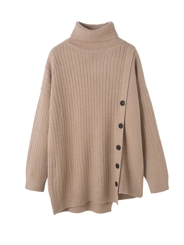 High-Low Long Sleeves Asymmetric Buttoned High-Neck Knitwear Pullovers Sweater Tops