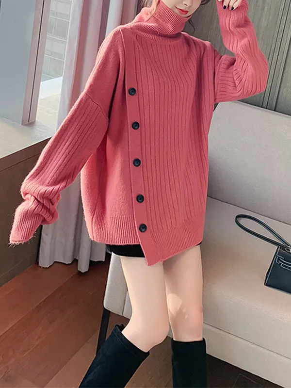 High-Low Long Sleeves Asymmetric Buttoned High-Neck Knitwear Pullovers Sweater Tops