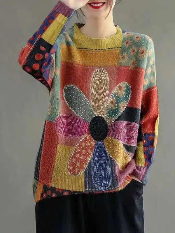 High-Low Long Sleeves Flower Print Rhine Stones Round-Neck Pullovers Sweater Tops