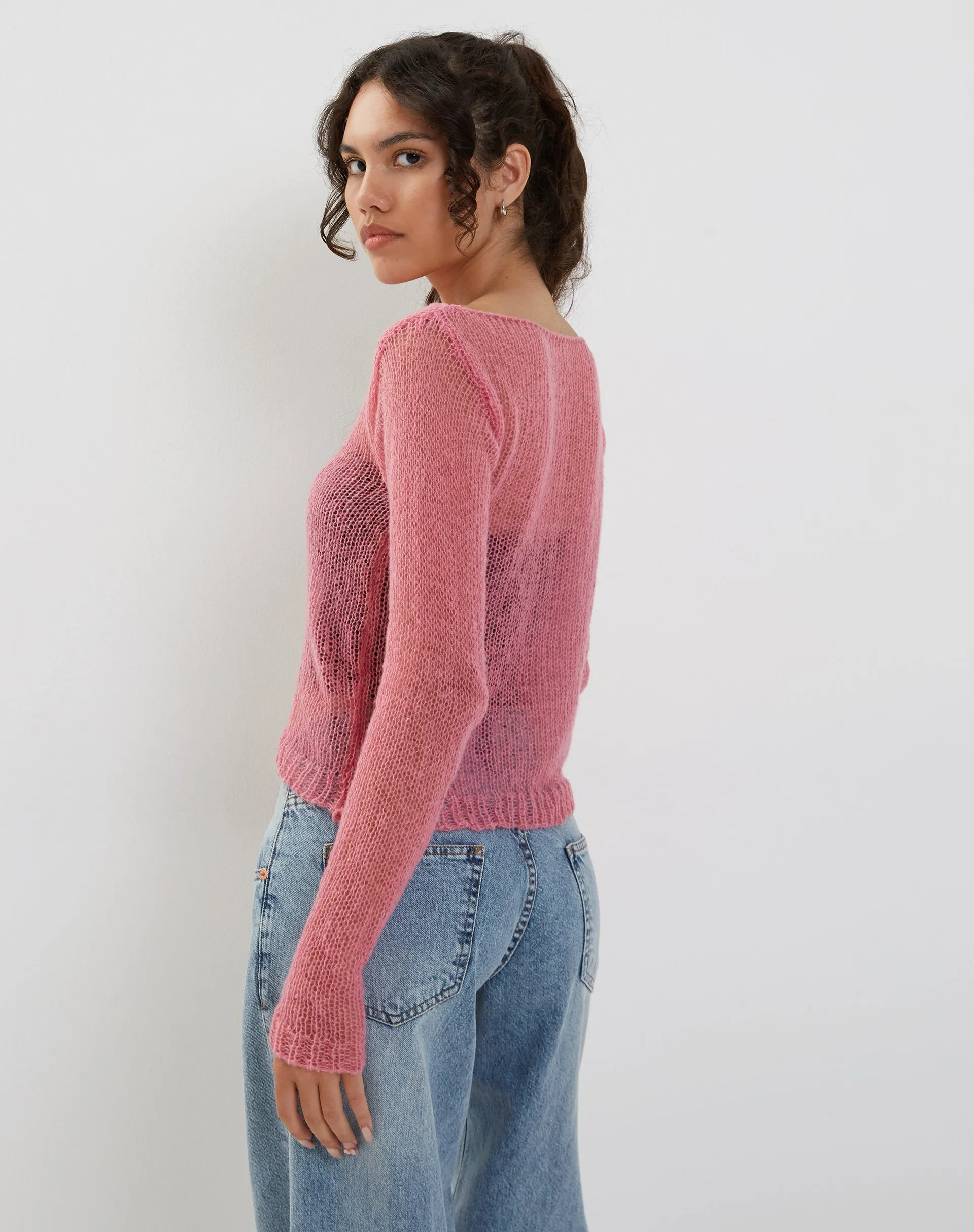 Imelda Fine Open Knit Long Sleeve Top in Pink