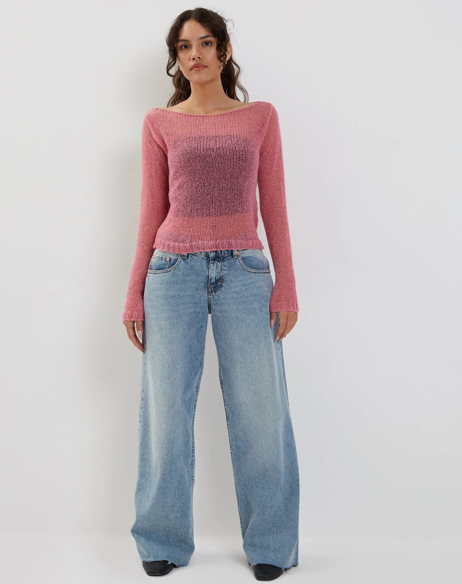 Imelda Fine Open Knit Long Sleeve Top in Pink