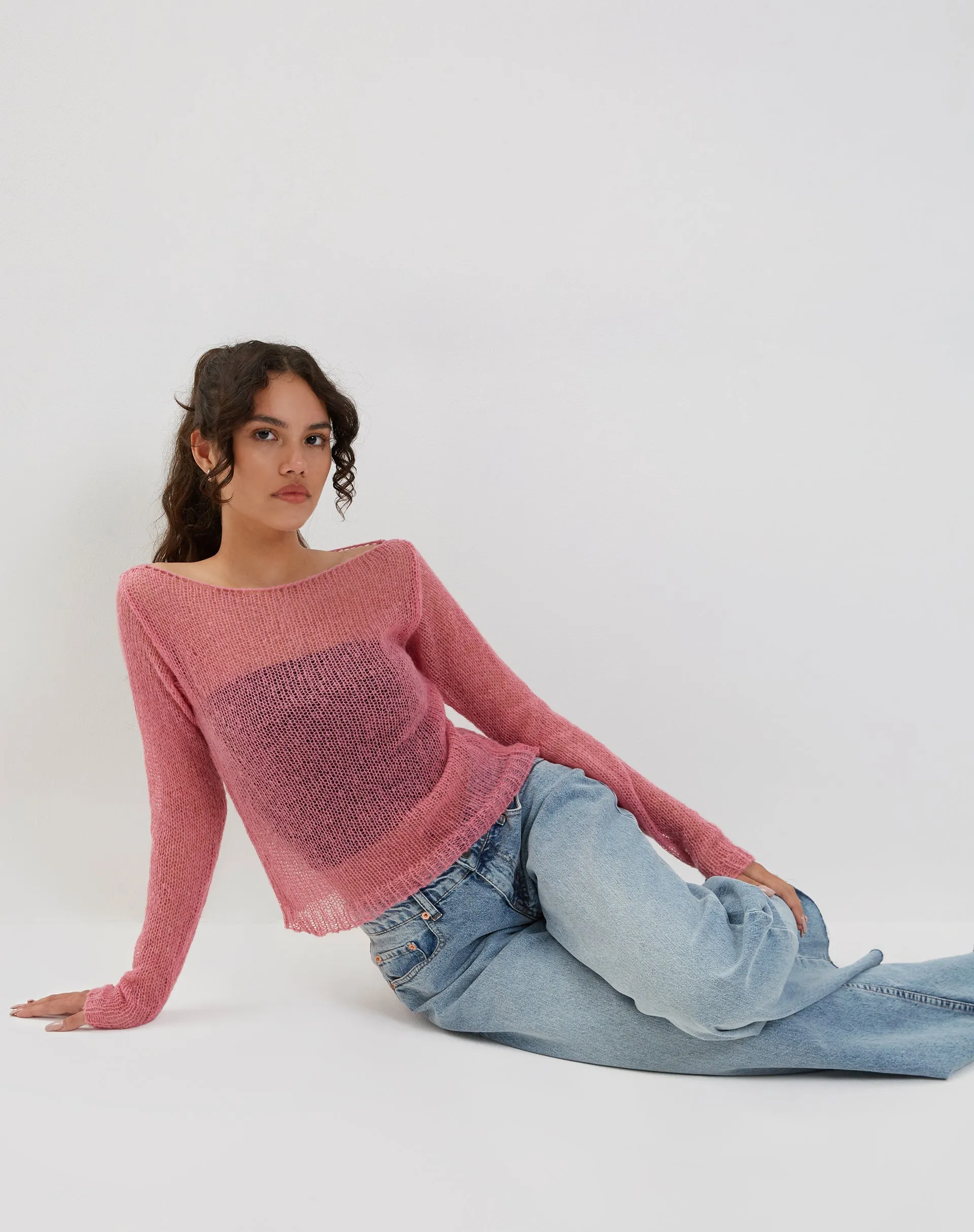 Imelda Fine Open Knit Long Sleeve Top in Pink