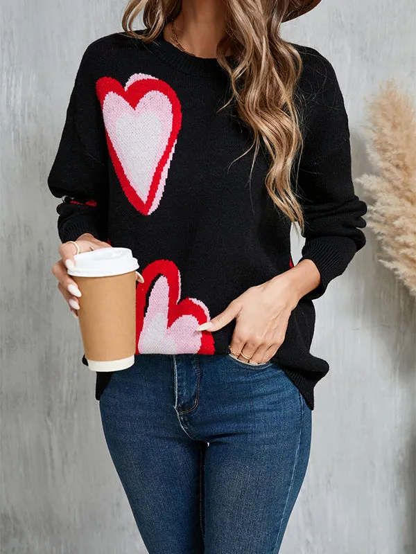 Long Sleeves Loose Heart Print Jacquard Split-Joint Round-Neck Pullovers Sweater Tops