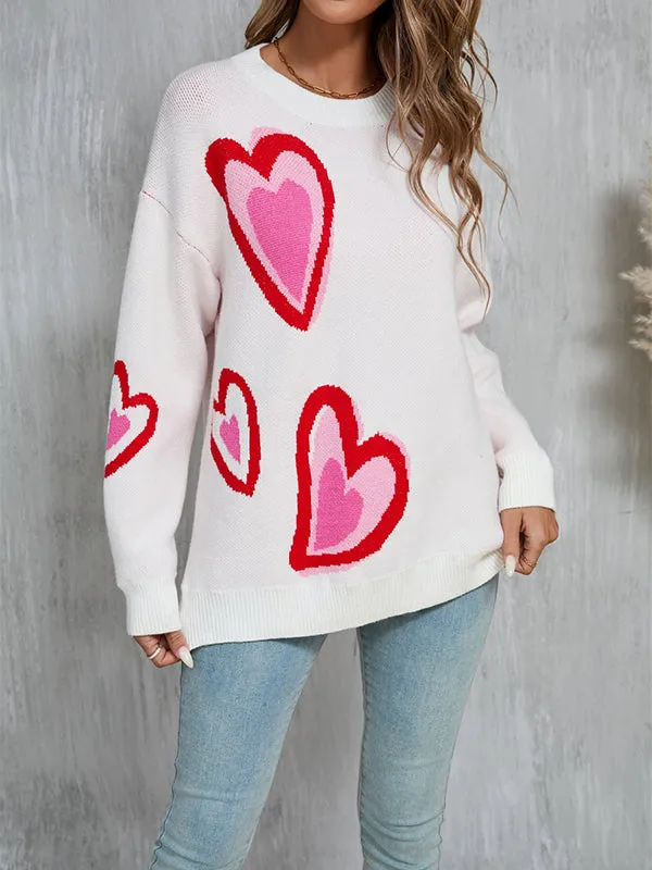 Long Sleeves Loose Heart Print Jacquard Split-Joint Round-Neck Pullovers Sweater Tops