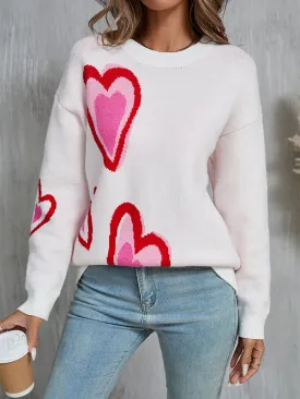 Long Sleeves Loose Heart Print Jacquard Split-Joint Round-Neck Pullovers Sweater Tops