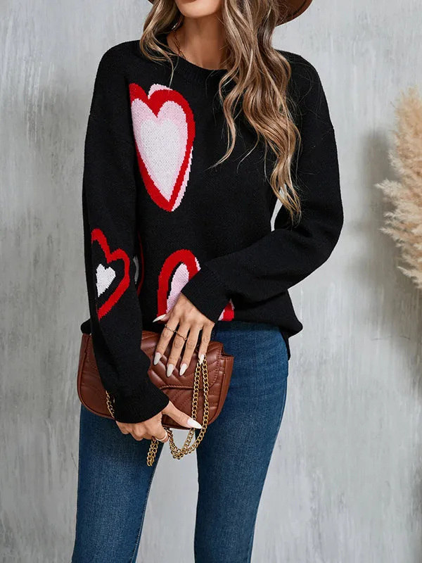 Long Sleeves Loose Heart Print Jacquard Split-Joint Round-Neck Pullovers Sweater Tops