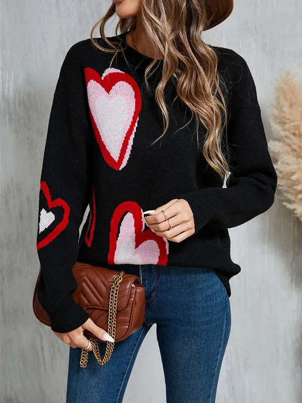 Long Sleeves Loose Heart Print Jacquard Split-Joint Round-Neck Pullovers Sweater Tops