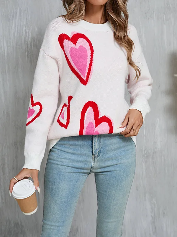 Long Sleeves Loose Heart Print Jacquard Split-Joint Round-Neck Pullovers Sweater Tops