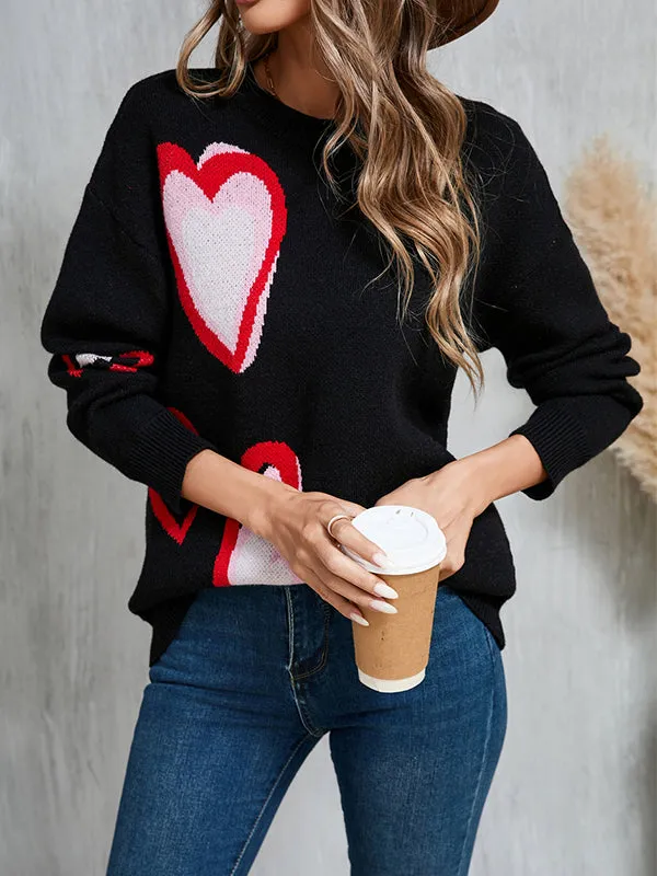 Long Sleeves Loose Heart Print Jacquard Split-Joint Round-Neck Pullovers Sweater Tops