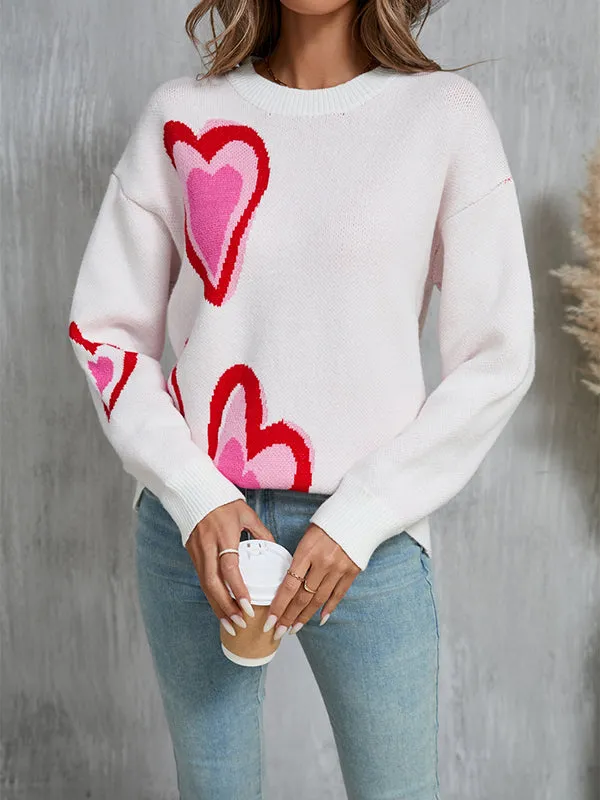 Long Sleeves Loose Heart Print Jacquard Split-Joint Round-Neck Pullovers Sweater Tops