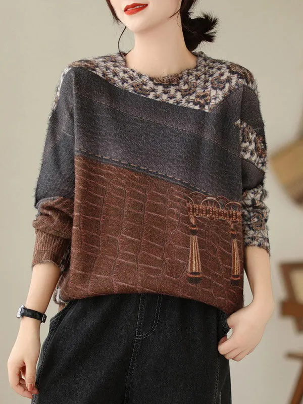 Long Sleeves Loose Printed Round-Neck Pullovers Sweater Tops