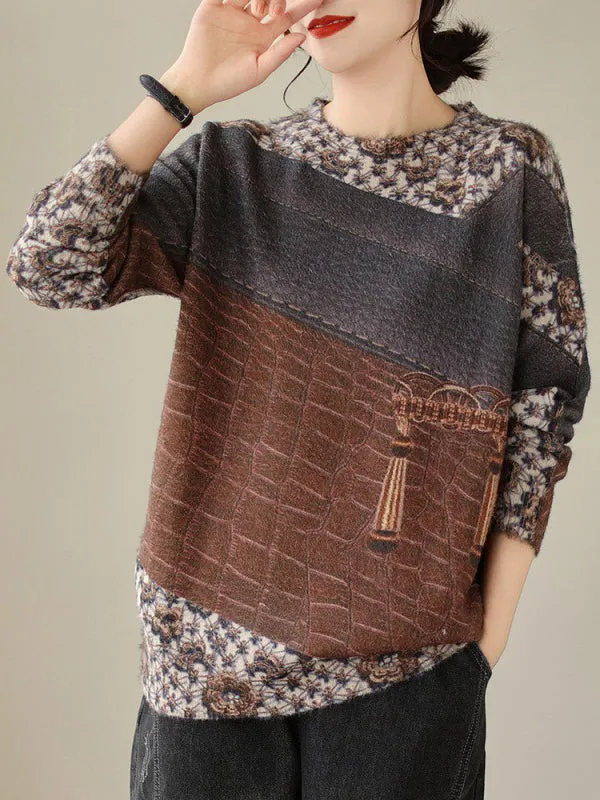 Long Sleeves Loose Printed Round-Neck Pullovers Sweater Tops