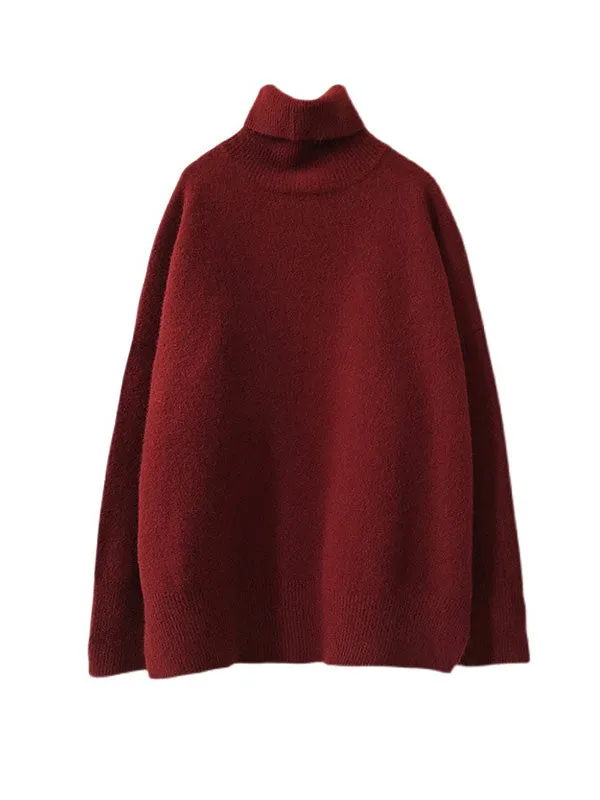 Long Sleeves Loose Solid Color Split-Side High-Neck Knitwear Pullovers Sweater Tops