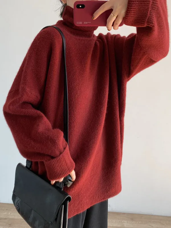 Long Sleeves Loose Solid Color Split-Side High-Neck Knitwear Pullovers Sweater Tops