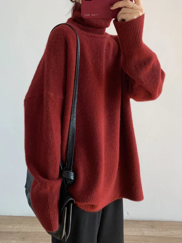 Long Sleeves Loose Solid Color Split-Side High-Neck Knitwear Pullovers Sweater Tops