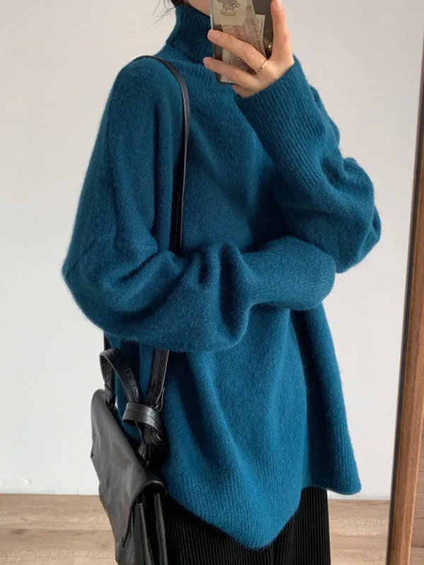 Long Sleeves Loose Solid Color Split-Side High-Neck Knitwear Pullovers Sweater Tops