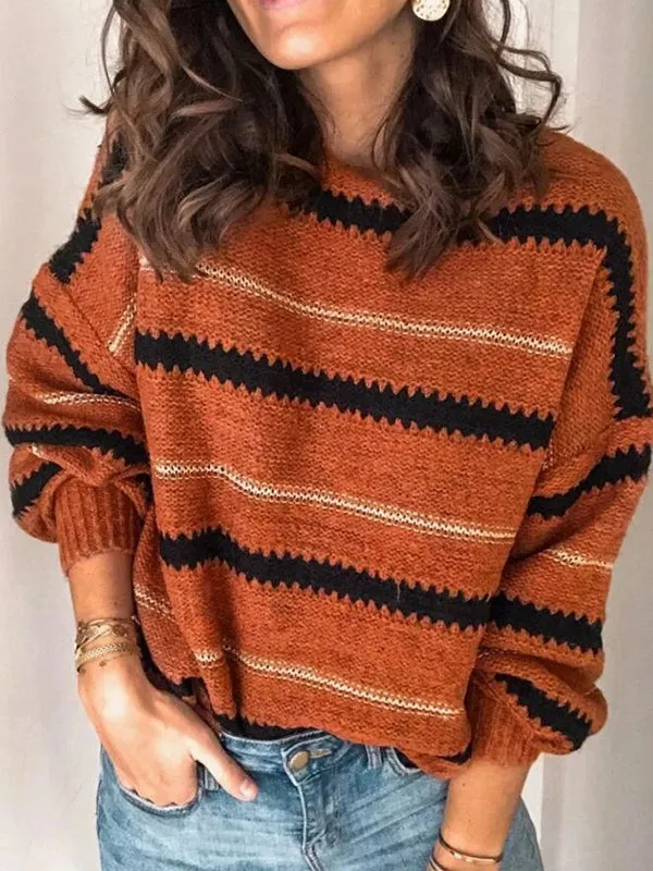 Long Sleeves Loose Striped Round-Neck Knitwear Pullovers Sweater Tops