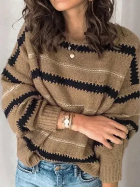 Long Sleeves Loose Striped Round-Neck Knitwear Pullovers Sweater Tops