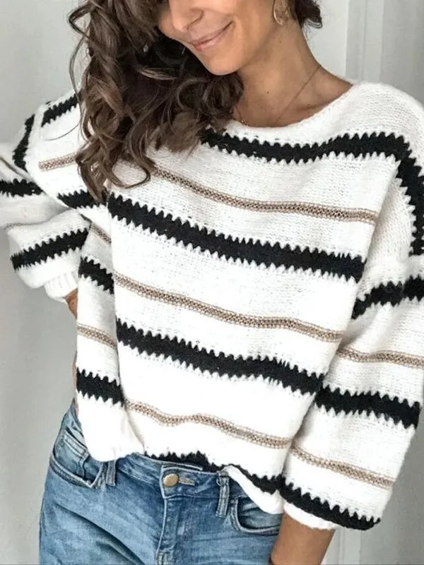 Long Sleeves Loose Striped Round-Neck Knitwear Pullovers Sweater Tops