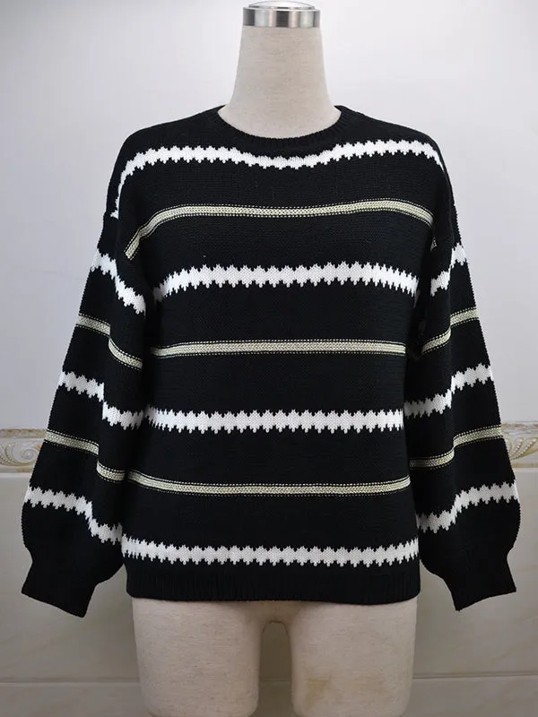 Long Sleeves Loose Striped Round-Neck Knitwear Pullovers Sweater Tops