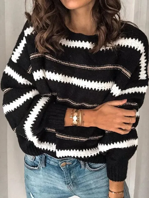 Long Sleeves Loose Striped Round-Neck Knitwear Pullovers Sweater Tops